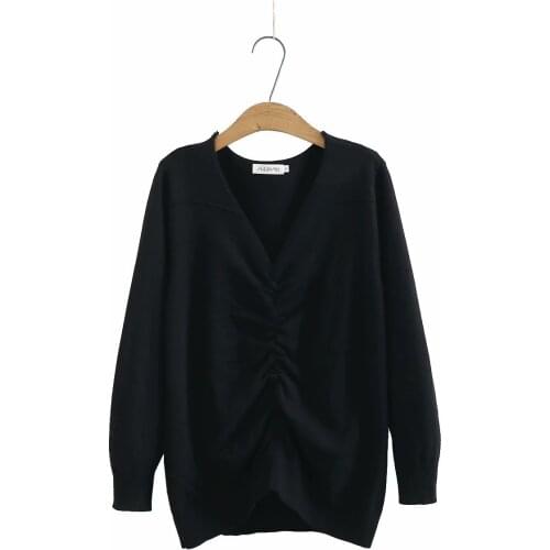 Womens oversize sweater autumn winter 2021 plus size women clothing V-Neck pleated Top female black ginger color Women jumper