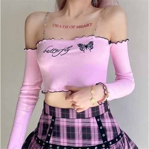 Women Slash Neck Off Shoulder Crop Tops Sweet Long Sleeve Letter Butterfly Embroidery T-Shirt With Chain Straps Spring Autumn