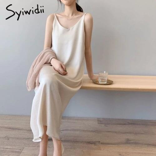Syiwidii Spaghetti Strap Summer Dress Women 2021 Chiffon Party Luxury Sundress Sleeveless Midi V Neck Beige Black Long Dresses