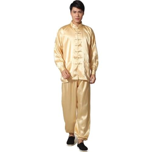 Gold Chinese Mens Satin Rayon Kung Fu Suit Vintage Tai Chi Sets Wu Shu Uniform Long Sleeve Clothing S M L XL XXL MS019