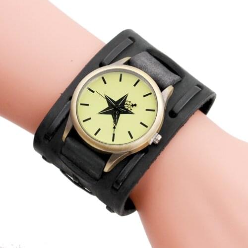 Men Retro Cuff Wristwatches Punk Rock Style Quartz Watch Clock Fashion Star Pattern Big Leather Bracelet Cuff Watches