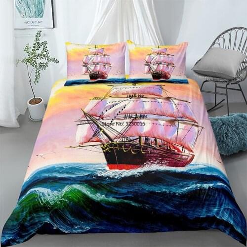 Home Textile Custom Digital HD Steamship Boat Blue Sea Printed Luxury Bedding Set King Size Duvet Cover Sets 2/3pcs Bed Linen