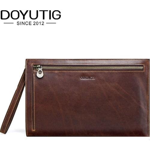 DOYUTIG Long Genuine Leather Men Wallet Men Brown Clutch Bags Rfid Wallets Male Clutch Handy Men Coin Purse Card Holder B041