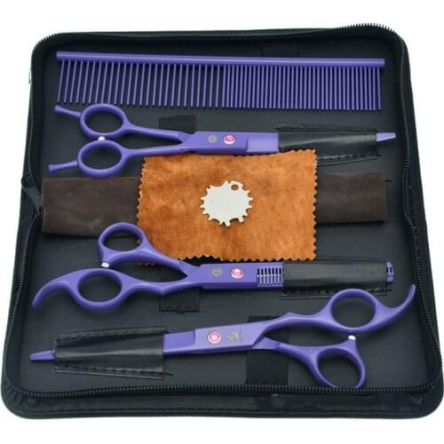 Purple Dragon Stainless Steel Pet Scissors 7.0" Dog Cutting & Thinning & Curved Grooming Shears for Pet Dog Hair Clipper LZS0360