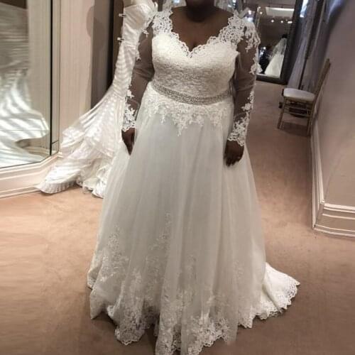 Custom Made V-neck Tulle With Appliques Lace Wedding Dress Plus Size Long Sleeve Wedding Gown Crystal Sash vestido de noiva 2020