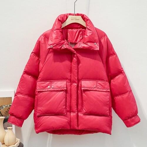 Trendy New Winter Women Stand Collar 90% White Duck Down Short Parkas Casual Female Big Pocket Loose Warm Snow Black Down Coat