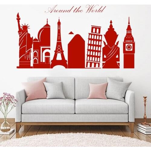 Around The World Wall Sticker Vinyl World Symbol of Cities Scenic Spots and Historical Sites Home Decoration Wall Decal Z349