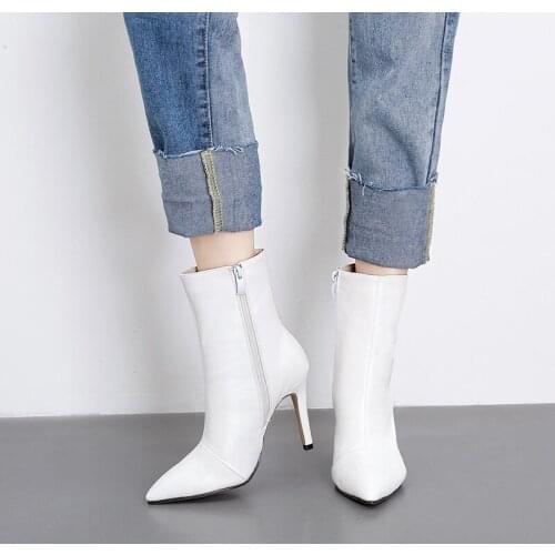 2019 New Women Boots Ankle Boots PU Leather Zipper Women Booties High Heels Autumn Boots Women Shoes White Black