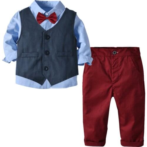 New Childrens Suits For Infant Boy Solid Shirt + Pant +Vast + Bow 4 Pieces Boy Child Costume Set Baby Suit For Boy For 1-6 Age
