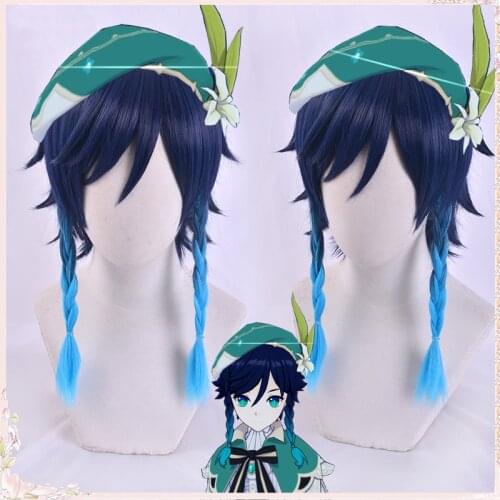 Genshin Impact Venti Cosplay Wigs Unisex 50cm Blue Cosplay Anime Hair Braid Wigs Heat Resistant Synthetic Costume Free Wig Cap