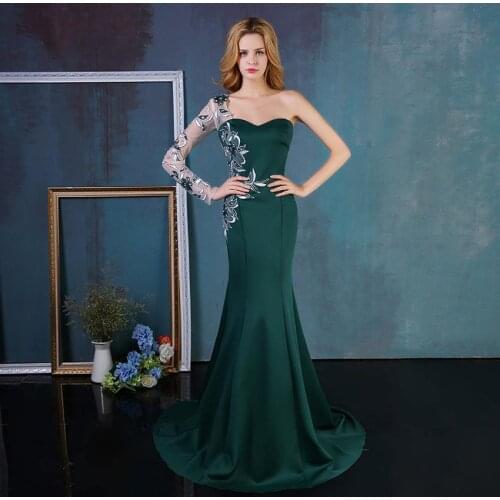 One-Shouldered Long Sleeve Mermaid Evening Dress Accessories Lace With Appliques Graceful New winter products in 2019