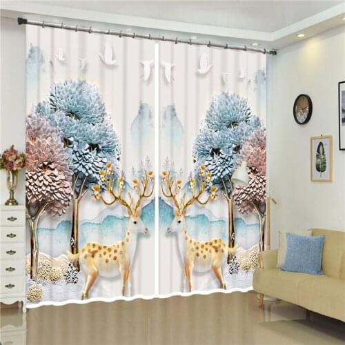Colored tree sika deer Luxury 3D Blackout Window Curtain Smooth Drape For Living room Bed room Hotel Wall Tapestry Cortinas