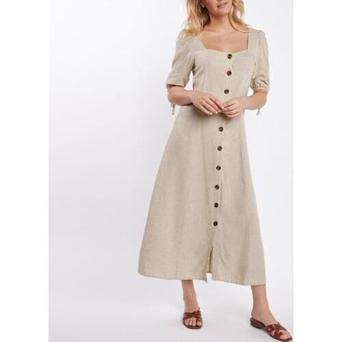 ZANZEA Summer Sundress Women Elegant Solid Midi Dress Casual Loose Square Neck Bohemian Beach Vestidos Cotton Buttons Robe 5XL