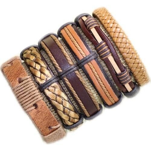 Handmade Wholesale (6pcs/lot)handmade Bangles Ethnic Tribal Jewelry Adjustable Genuine Leather Bracelet For Unisex -S33
