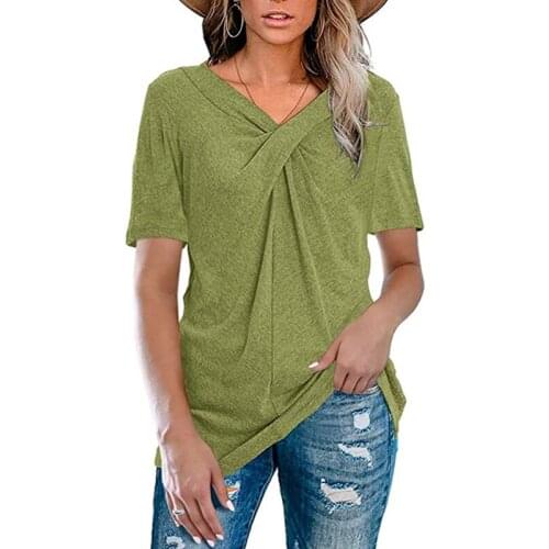 Women Summer Short Sleeves T-shirts V Neck Solid Color Pullover Breathable Casual Tops A66
