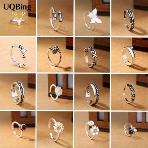 16 Pcs Styles Fashion Women Retro 925 Sterling Silver Adjustable Cat Louts Butterfly Flower Deer Rings Wholesale Silver Jewelry