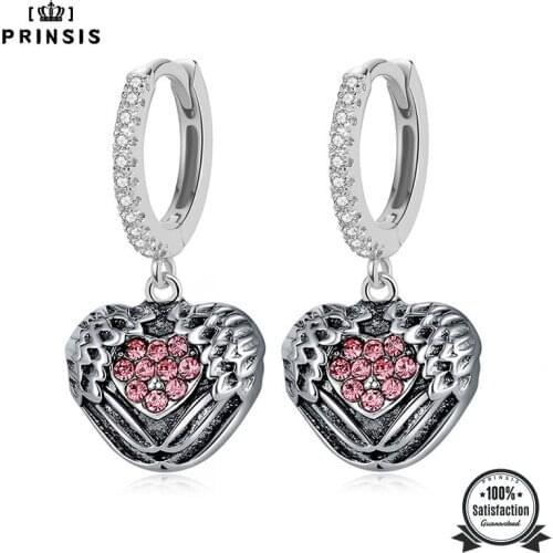 PrinSis Women Fashion Earring Sweet Love The Feathers CZ Charms Hoop Earrings Birthday Gift For Girls Korean Jewelry DJ318