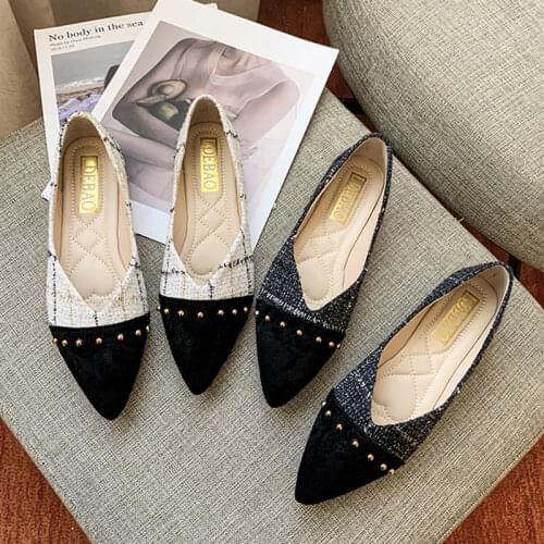 Women Flats Pointed Toe Slip on Shoes Woman Rivets Ballet Flats Plaid Boat Shoes Patckwork Loafers 2021 Spring New Style