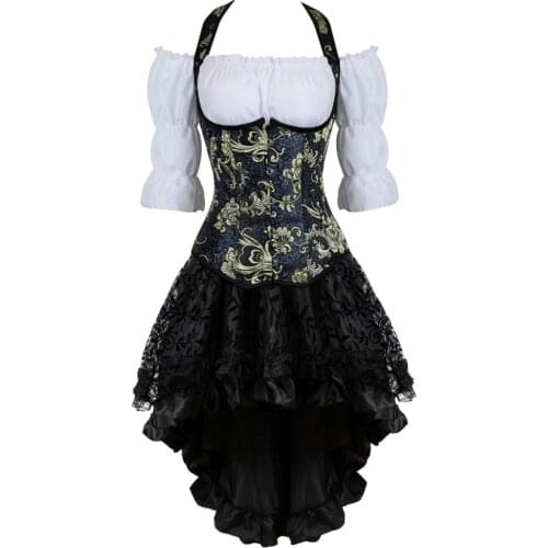 Women Gothic Corset Dress Embroidery Floral Underbust Corset Vest Renaissance Blouse Asymmetrical Lace Skirt Set Three-Pieces