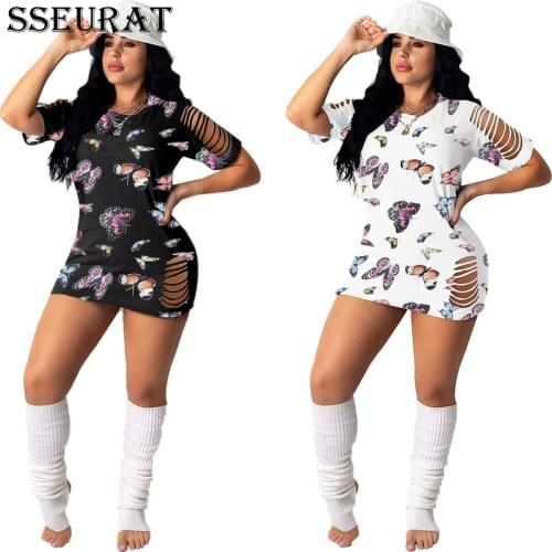 SSEURAT Women Mini Dress Print Hole Short Sleeve O-neck Elastic Minin Dresses Casual Fashion Outfit Summer