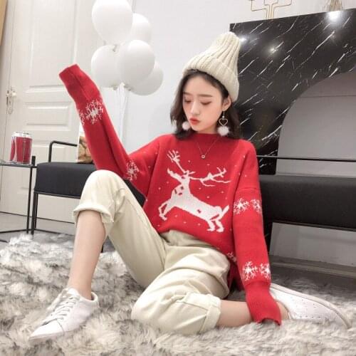 Winter Women Thick Christmas Sweater Korean Warm Pullovers Santa Claus Deer Embroidery Pattern Pull Knitted New Year Sweaters