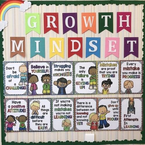 12Pcs/Set English A4 Plastic Big Card Growth Mindset Motivational Educational Poster Toys For Children Classroom Decoration