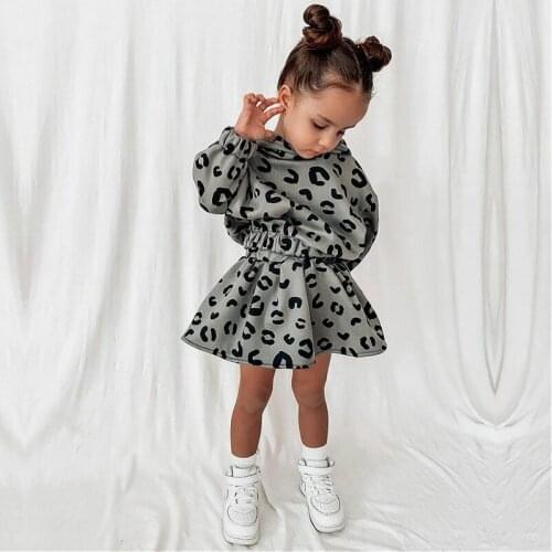 2Pcs Kids Leopard Outfit Girls Autumn Clothes Sets Children Long Sleeve Hooded Sweatshirt + Skirt Casual Baby Tracksuit 1-6Y