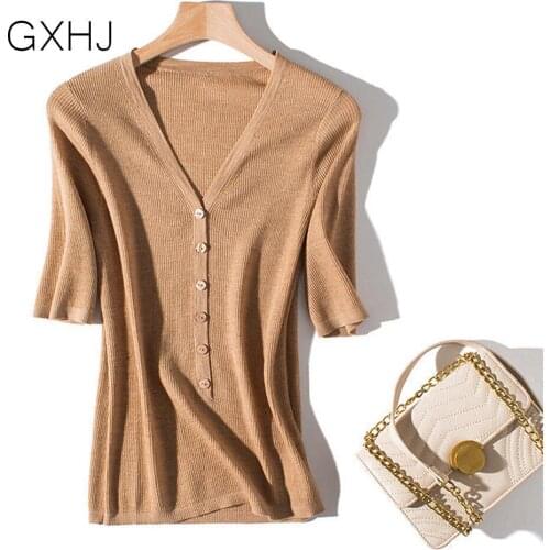 5XL 100% cotton women sweater Elegant Knitted Sweater Women Solid Basic Cropped Pullover summer short sleeve Clothing Top