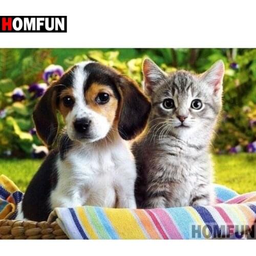 HOMFUN DIY Diamond Painting Cross Stitch Diamond Embroidery Animal cat and dog Rhinestone Unfinished Home Decoration Gift A10748