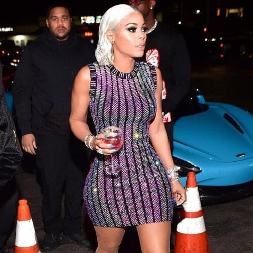 Shiny Keyshia Colorful Crystal Embroidered Round Neck Ribbed Knit Diamond Cold Shoulder Mini Bodycon Party Dress