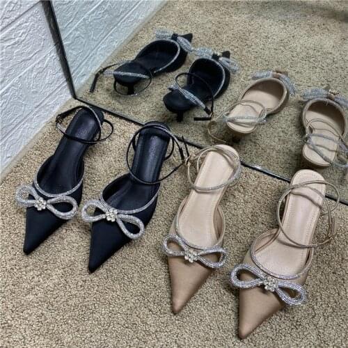 2021 New Buckle Stiletto Heel High Heels Pointed Toe Rhinestone Bow Bandage Sandals