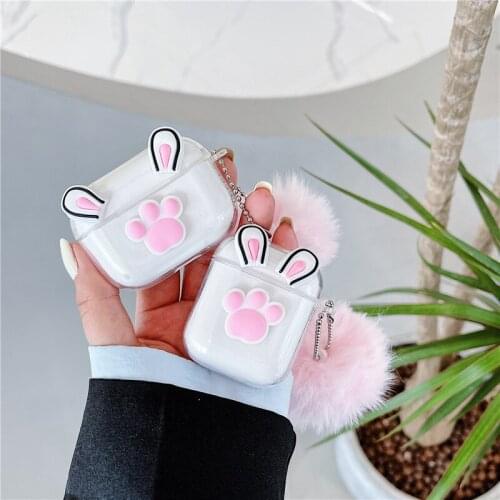 Sweet Cute Cat Paw Clear TPU Earphone Case For Apple Airpods 1 2 Pro 3 Bluetooth Headset Box Protect Cover Soft Hairball Keyring