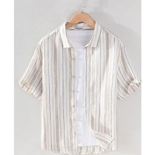 2021 Summer new striped pure linen brand shirt men casual short-sleeved fashion shirts for men tops mens clothing chemise camisa