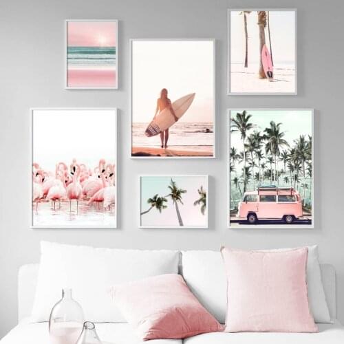 Pink Beach Flamingo Palm Tree Surfboard Wall Art Canvas Printmaking Nordic Travel Poster Teen Girl Room Home Decor