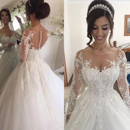 Lace Appliques Wedding Dresses 2021 for Women Elegant With Bead Long Sleeve Plus Size Wedding Gown Vestidos De Noiva