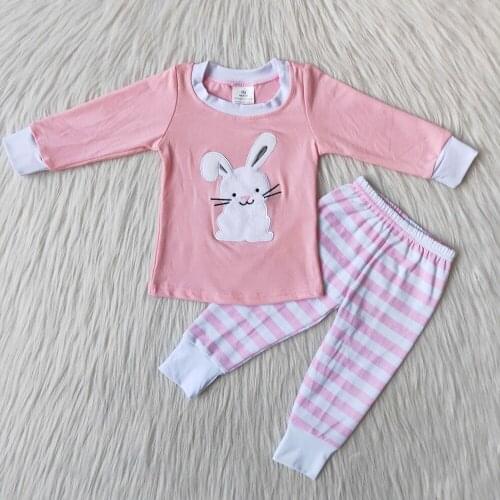 Toddler Girl Easter Day Clothing Set High Quality Embroidery Rabbits Top And Pants 2Pieces Set Infants Cute Outfits With Stripes