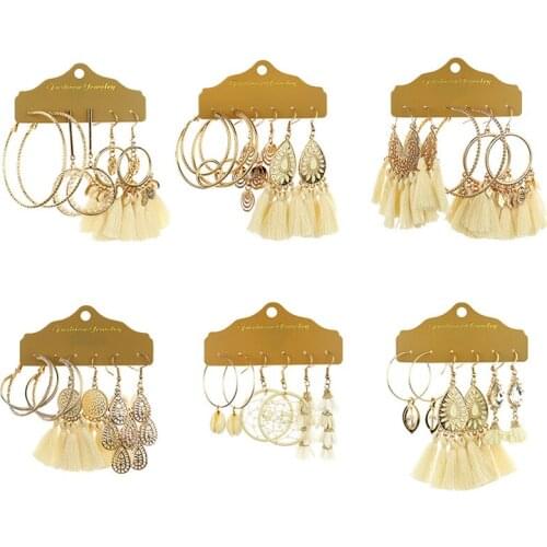 Bohemian Big Round Beige White Feather Tassel Earring Set For Women Vintage Moon Star Flower Earrings Bridal Wedding Jewelry