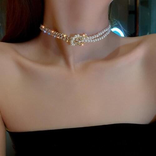 Korean Style Pearl Crystal Choker Necklaces for Women Short Chain Rhinestone Necklaces Statement Jewelry