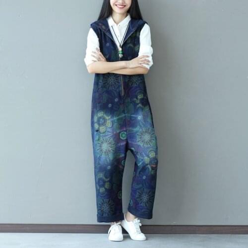Casual Hippie Boho Harajuku Vintage Retro Print Overalls Jumpsuits with Hoodie Vest Loose Denim Jeans Pants for Women Trousers