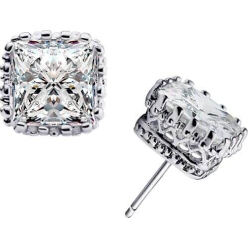 Fine Quality Luxury 6mm Created White Cubic Zircon Stud Earrings Pure Silver Jewelry Wedding Engagement Earrings