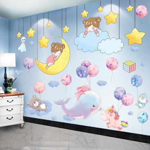 [shijuekongjian] Animals Balloons Wall Stickers DIY Girl Clouds Stars Mural Decals for Kids Room Baby Bedroom House Decoration