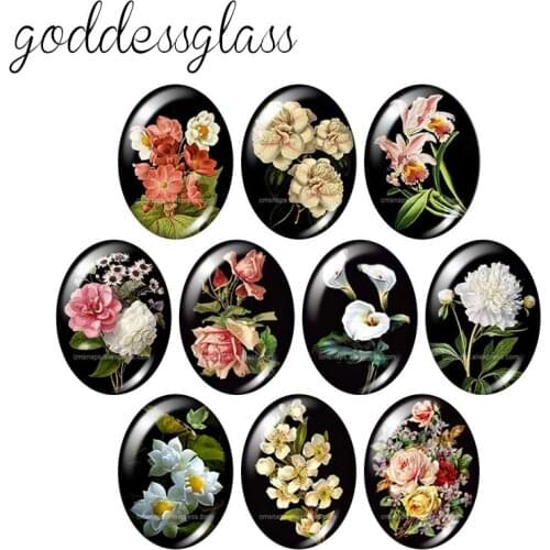 Beauty Vintage Flowers Rose Daisy 10pcs 13x18mm/18x25mm/30x40mm Oval photo glass cabochon demo flat back Making findings TB0043