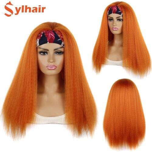 Sylhair Yaki Long Kinky Straight Headband Synthetic Hair Wigs For African American Women Natural 22'' Kanekalon Afro Wig Blonde