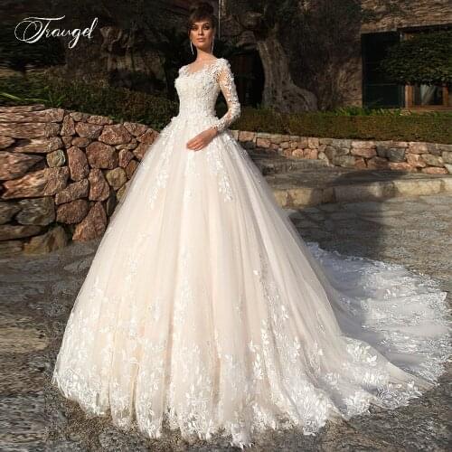 Traugel Luxury Flowers Long Sleeve Lace A Line Wedding Dresses Scoop Neck Applique Chapel Train Vintage Bridal Gown Plus Size