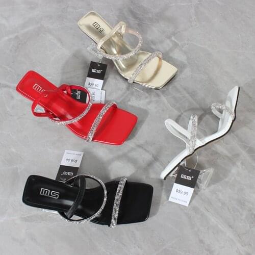 Womens Sandals 2021 Summer New Rhinestone Strap Open Toe Elastic Band High Heel Sandals Fashion Horseshoe Heel 8CM Shoes