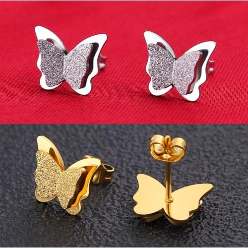 New Butterfly Earrings Rose Gold Color Stainless Steel Stud Earrings for Women Child Frosted Butterfly Cartilage Ear Studs