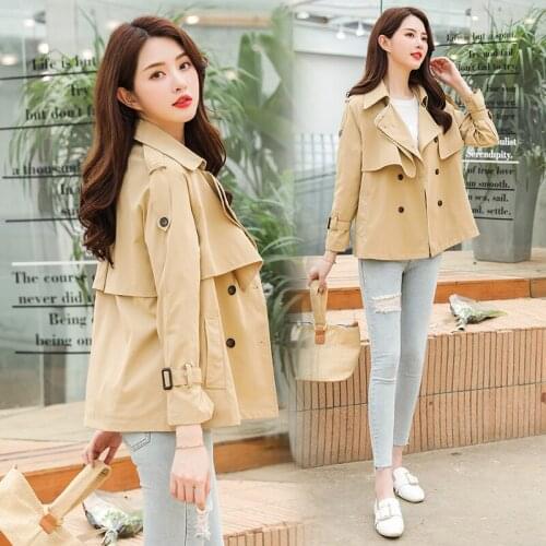 Womens Autumn Coat Khaki Short Double Breasted Windbreaker Female Student Korean Style All-Match Straight Popular Jacket Mujer