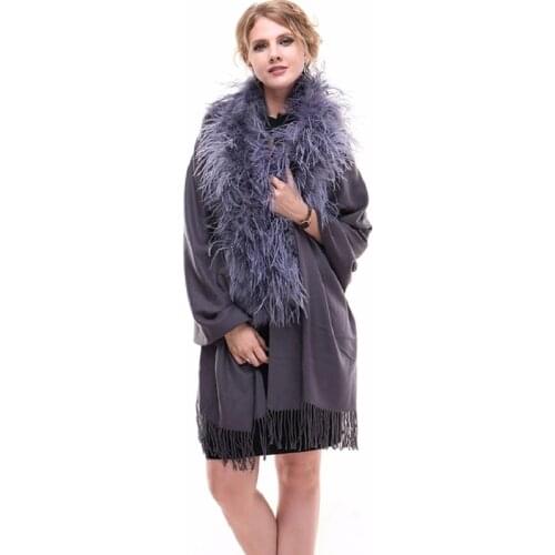 Womens Feather Ostrich Fur Collar Female Imitation Cashmere Winter Pashmina Coat Ladys Warm Soft Wraps Detachable Cloak Gray