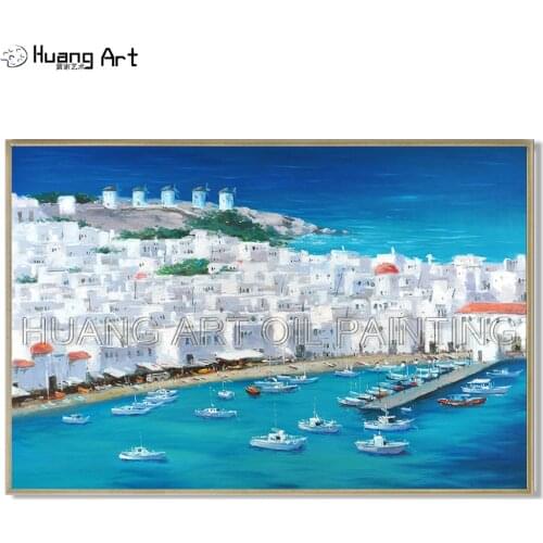 100% Hand-painted White Building and Boat Landscape Oil Painting for Decor High Quality Greek Aegean Sea Landscape Oil Painting