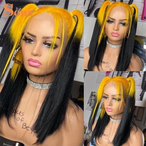 2 Tones Yellow Colored Lace Front Wig Pre plucked Ombre Blonde Highlight Lace Frontal Human Hair Transparent Lace Wigs for Women